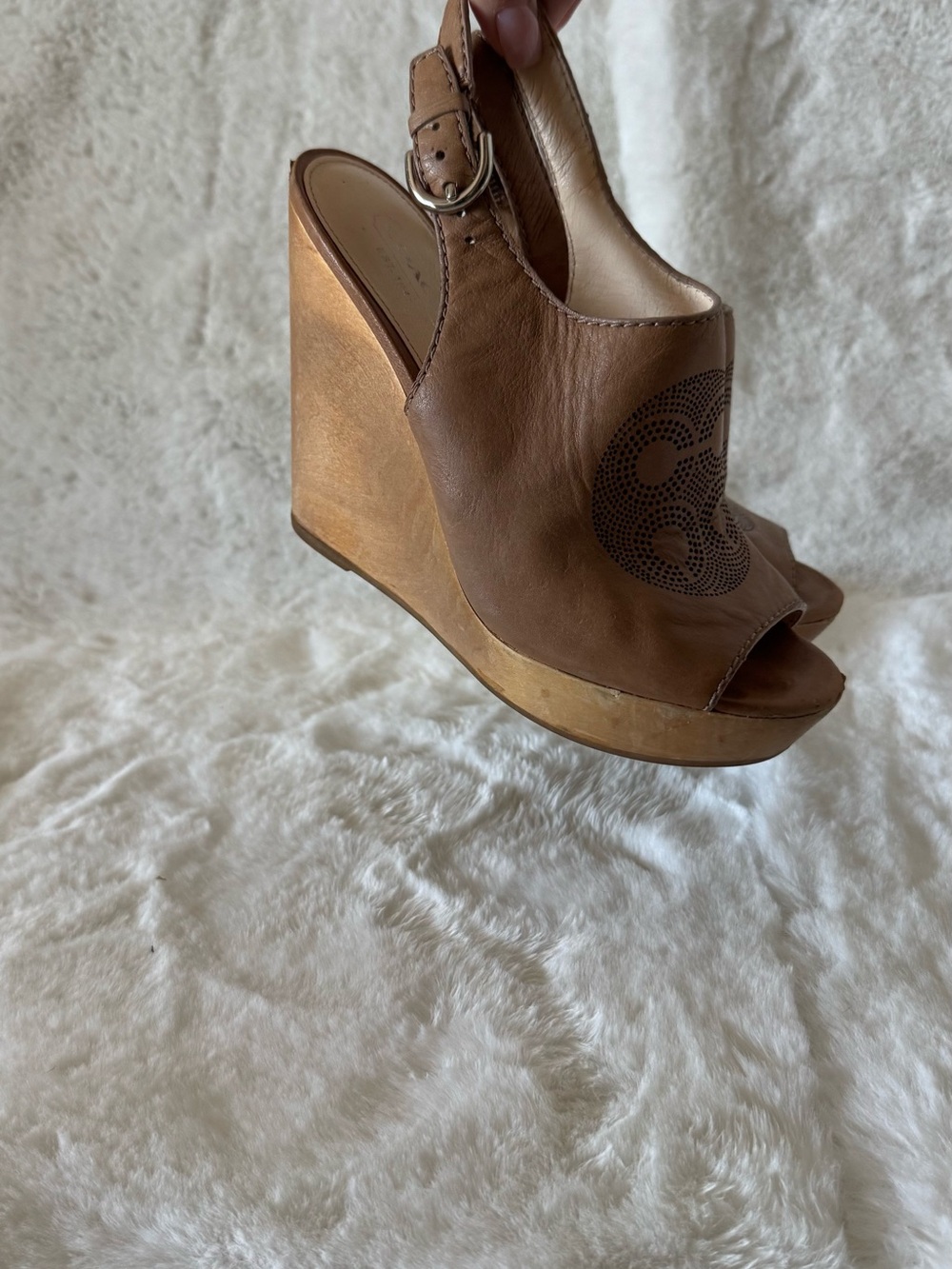 Coach Tan Leather Peep-Toe Wedge Sandals